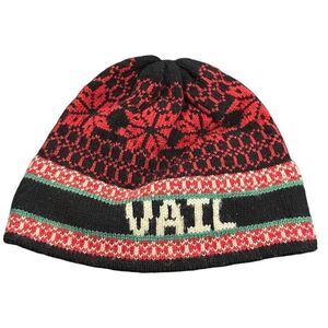 Vintage 100% Wool Ski Hat Hand Crafted STOWE Black Red White Green OS Unisex